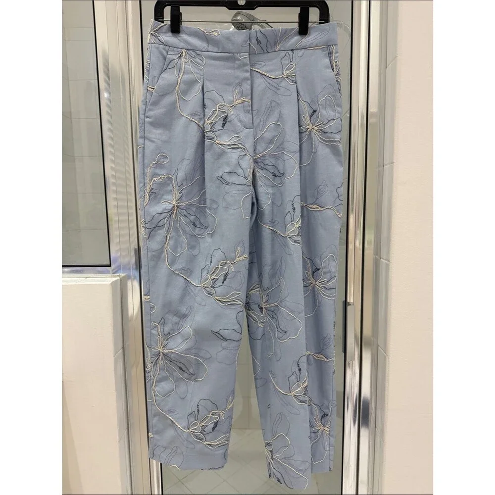 Zara Light Blue Floral Embroidered Linen Blend Ankle Pants High Rise size Small